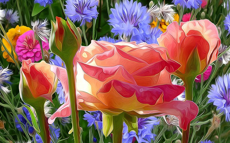 Colorful Flower Bouquet — Pink, Vibrant, Spring, Digital Art, Roses