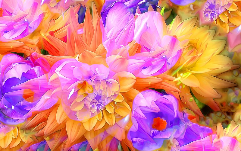 Colorful Flower Bouquet — Purple, Vibrant, Digital Art, Petals