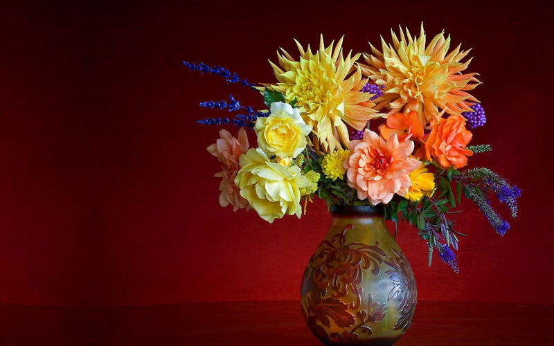 Colorful Flower Bouquet — Red, Dramatic, Photograph, Vase
