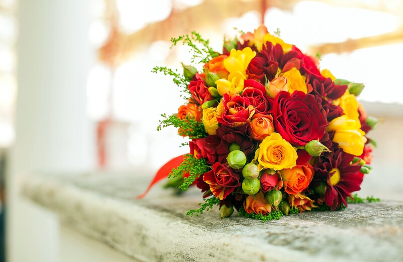 Colorful Flower Bouquet — Red, Vibrant, Afternoon, Photograph, Greenery