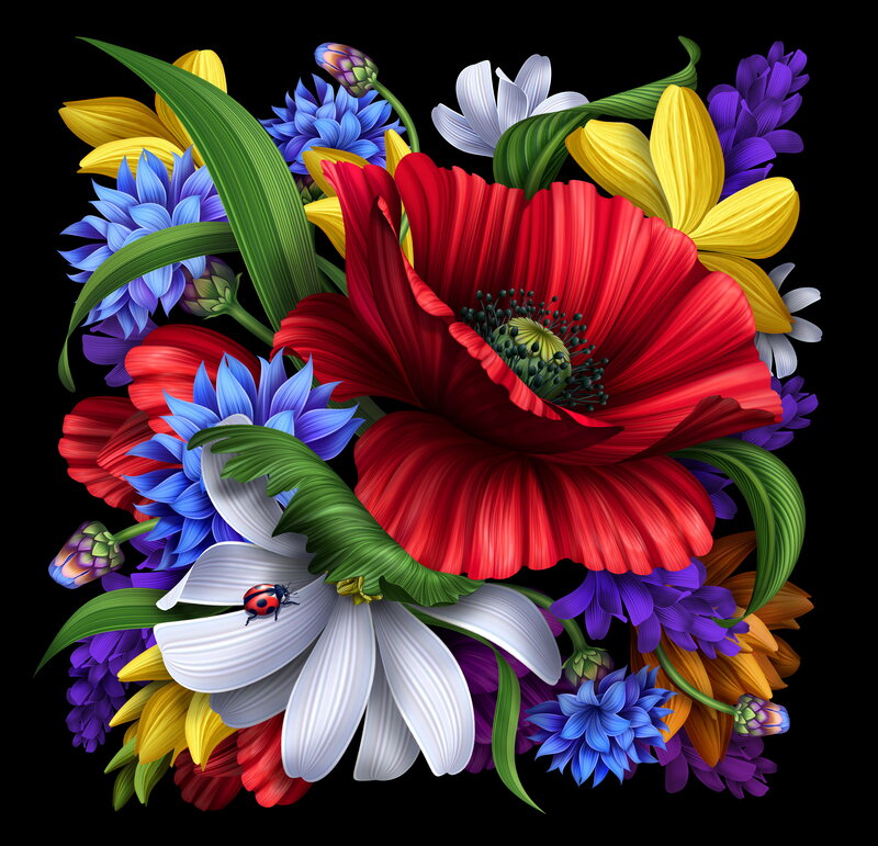 Colorful Flower Bouquet — Red, Vibrant, Digital Art, Ladybug