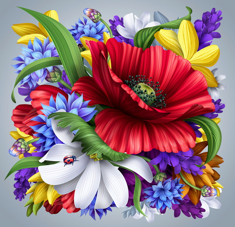 Colorful Flower Bouquet — Red, Vibrant, Digital Art