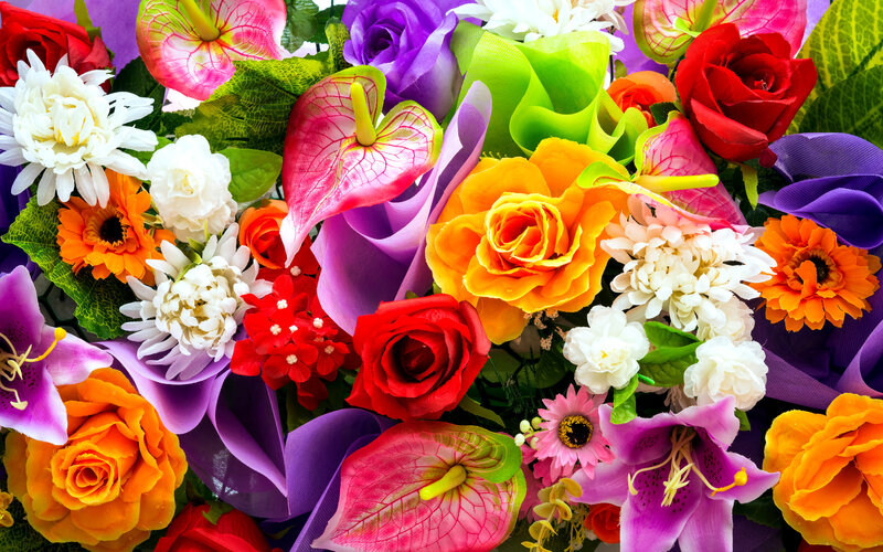 Colorful Flower Bouquet — Red, Vibrant, Photograph, Roses, Anthuriums