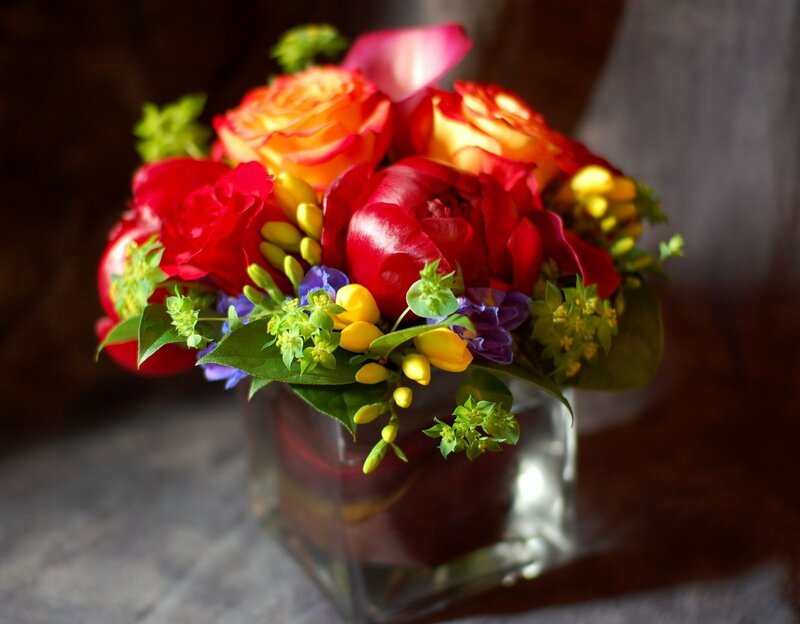 Colorful Flower Bouquet — Red, Vibrant, Photograph, Roses, Carnations