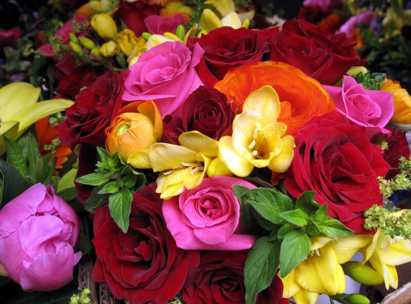 Colorful Flower Bouquet — Red, Vibrant, Photograph, Roses, Crocus