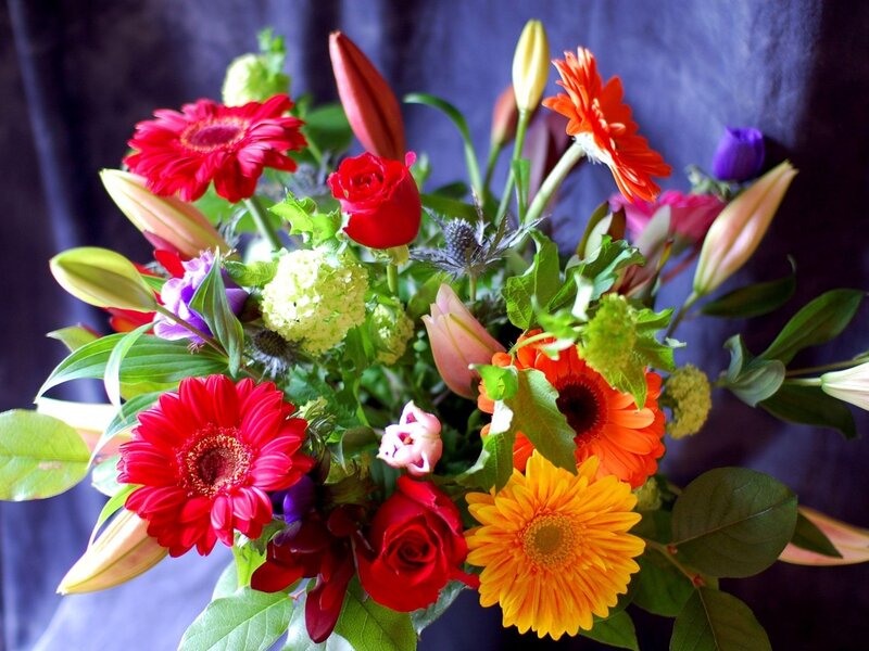 Colorful Flower Bouquet — Red, Vibrant, Photograph, Roses, Gerbera Daisies, Lilies, Greenery