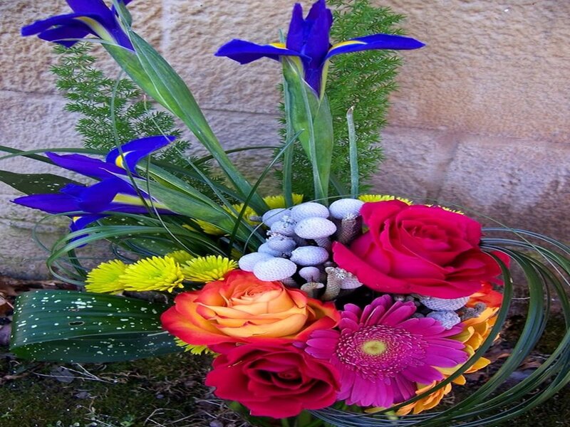 Colorful Flower Bouquet — Red, Vibrant, Photograph, Roses, Iris