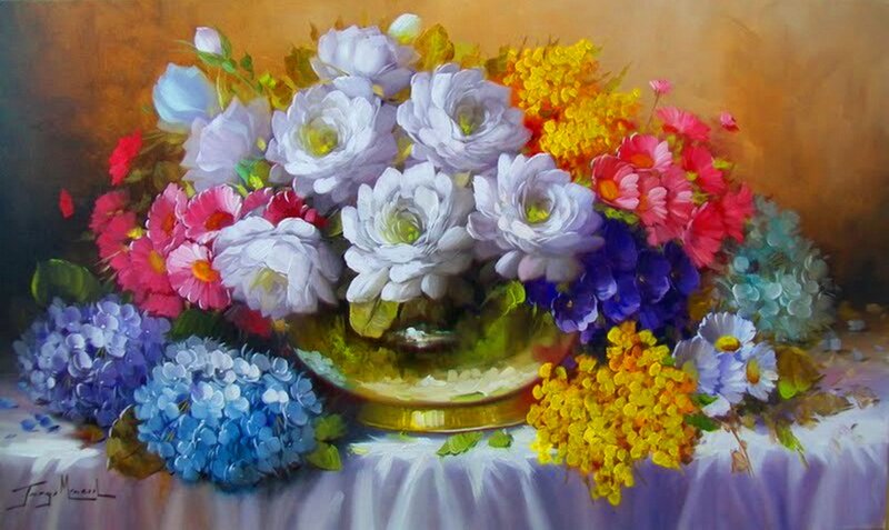 Colorful Flower Bouquet — White, Calm, Painting, Flowers