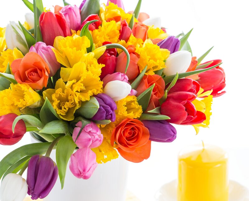 Colorful Flower Bouquet — Yellow, Bright, Photograph, Candle