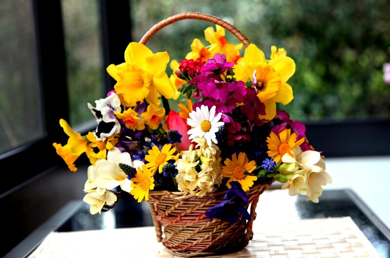 Colorful Flower Bouquet — Yellow, Bright, Spring, Photograph, Basket