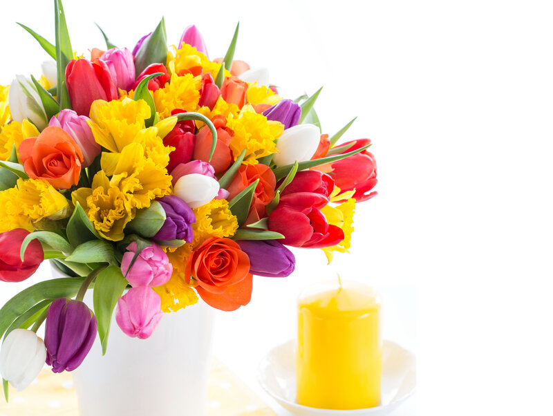 Colorful Flower Bouquet — Yellow, Bright, Spring, Photograph, Candle