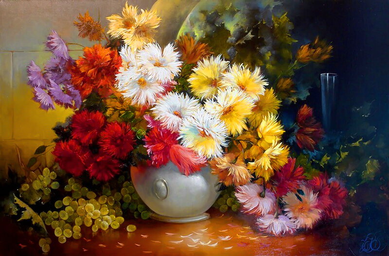 Colorful Flower Bouquet — Yellow, Dramatic, Painting, Grapes