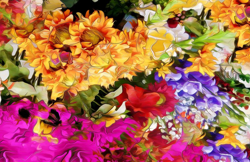 Colorful Flower Bouquet — Yellow, Vibrant, Digital Art, Flowers, Leaves, Paint