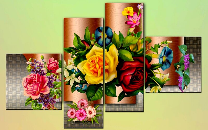 Colorful Flower Bouquet — Yellow, Vibrant, Digital Art, Roses