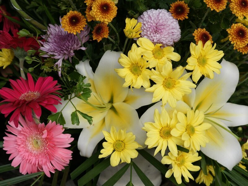 Colorful Flower Bouquet — Yellow, Vibrant, Photograph, Lilies, Chrysanthemums