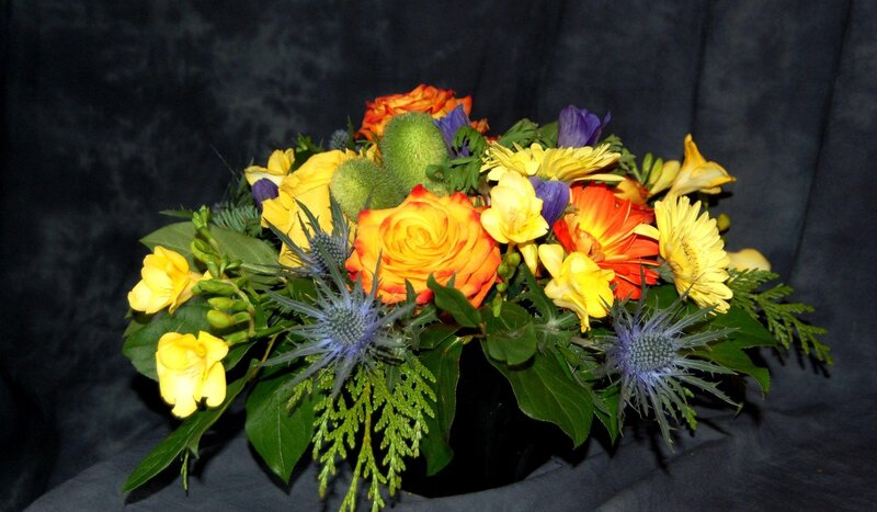 Colorful Flower Bouquet — Yellow, Vibrant, Photograph, Roses, Thistles