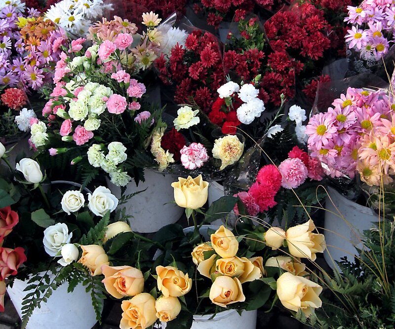 Colorful flower bouquets at market