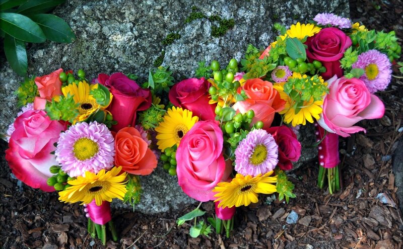 Colorful flower bouquets on ground