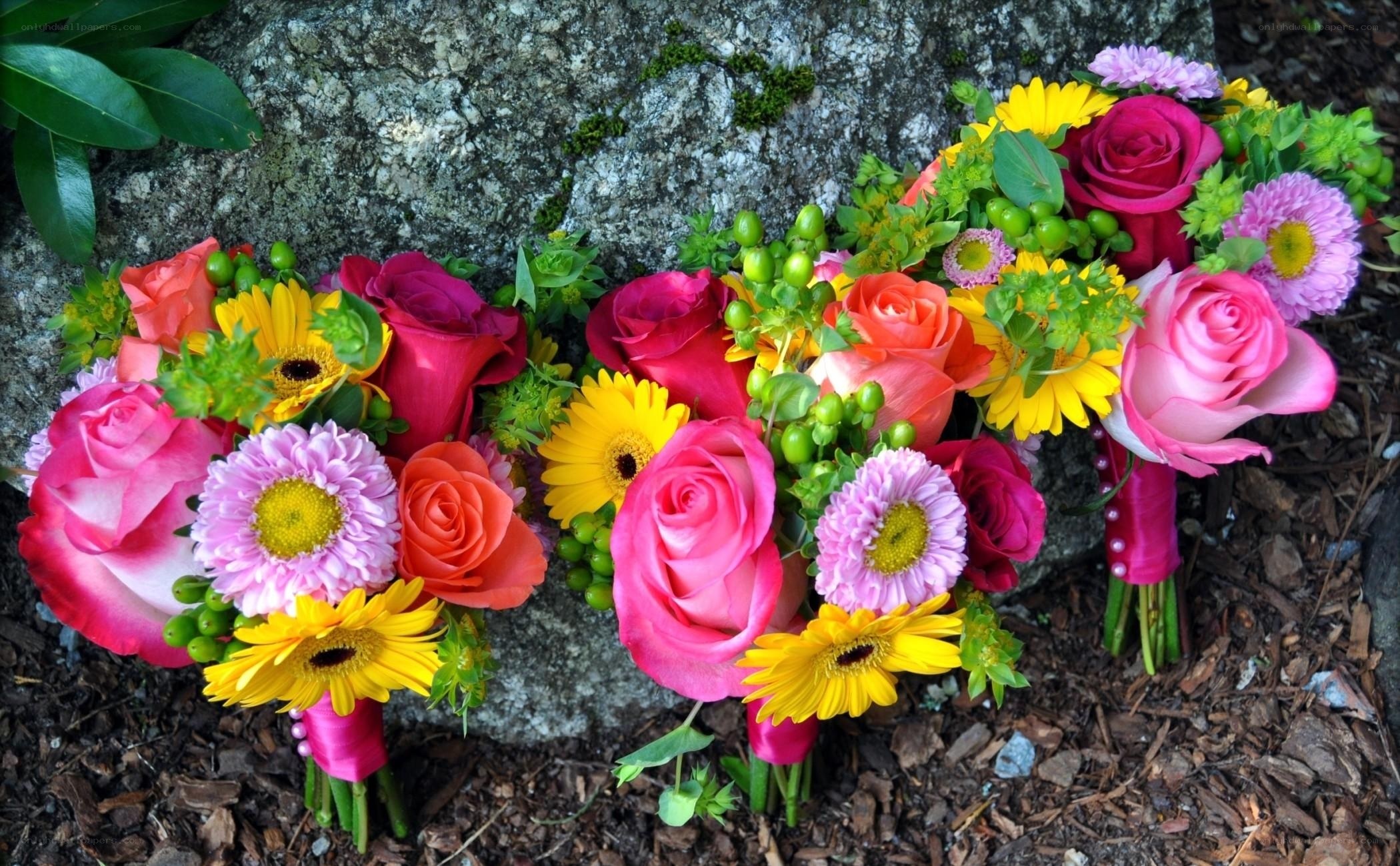 Colorful flower bouquets on ground