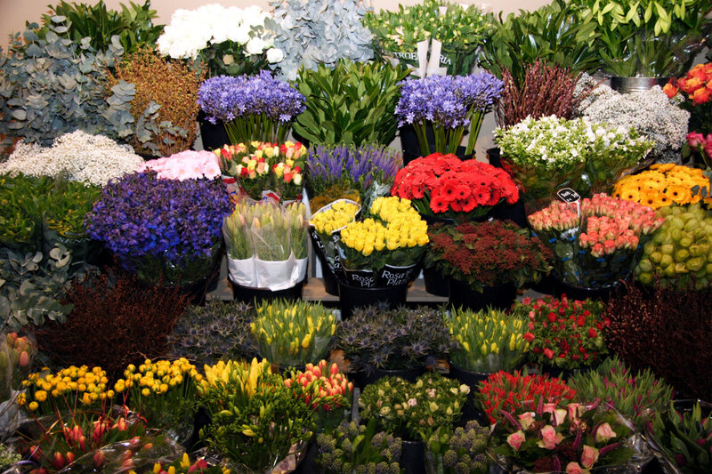 Colorful flower display at market