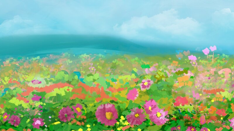 Colorful Flower Field — Green, Serene, Afternoon, Digital Art