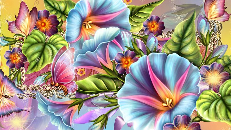 Colorful Flowers and Butterflies — Blue, Vibrant