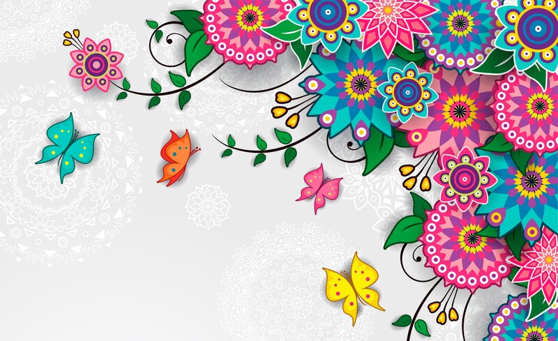 Colorful Flowers and Butterflies — Pink, Playful, Digital Art