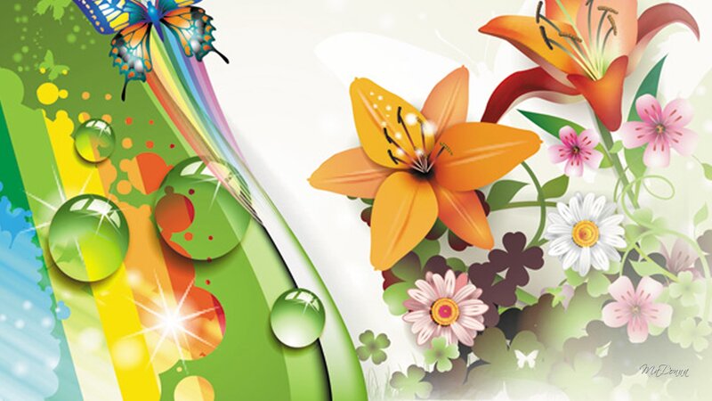 Colorful Flowers and Butterfly — Green
