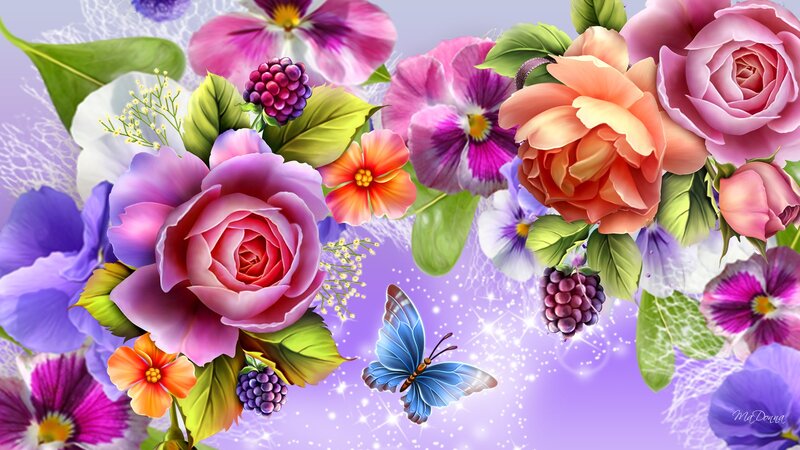 Colorful Flowers and Butterfly — Purple