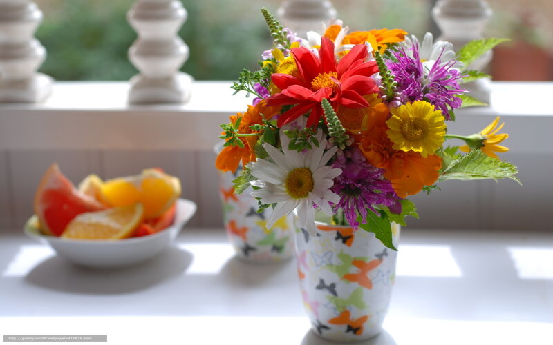 Colorful flowers and fruit bowl