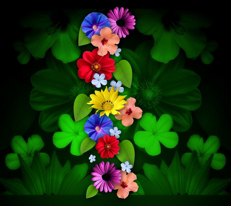 Colorful Flowers and Leaves — Green, Vibrant, Digital Art