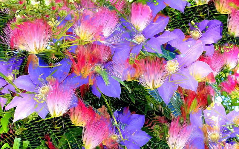 Colorful Flowers and Leaves — Purple, Vibrant, Digital Art
