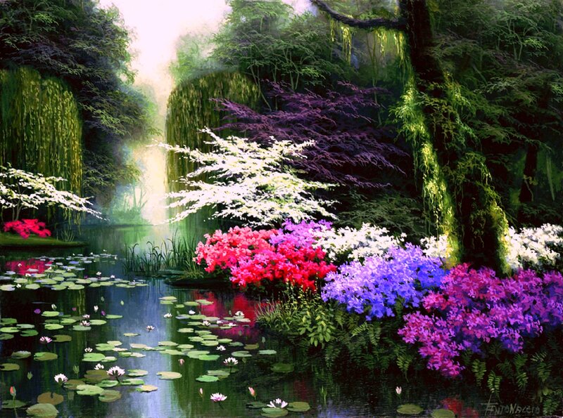 Colorful Flowers by Pond — Green