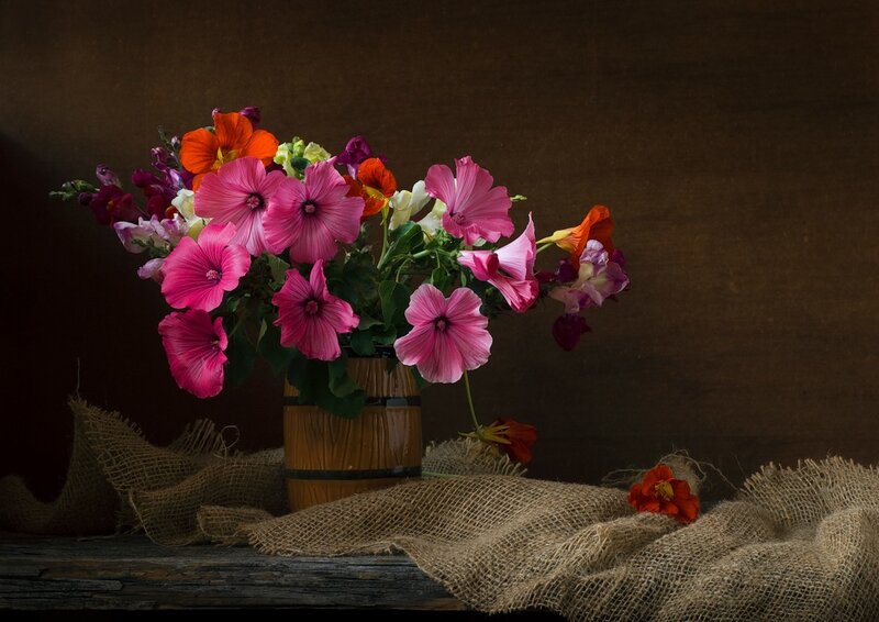 Colorful Flowers in Barrel