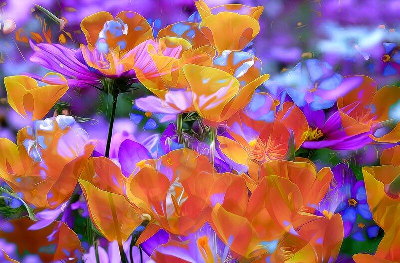 Colorful Flowers in Bloom — Purple, Vibrant, Digital Art, Petals