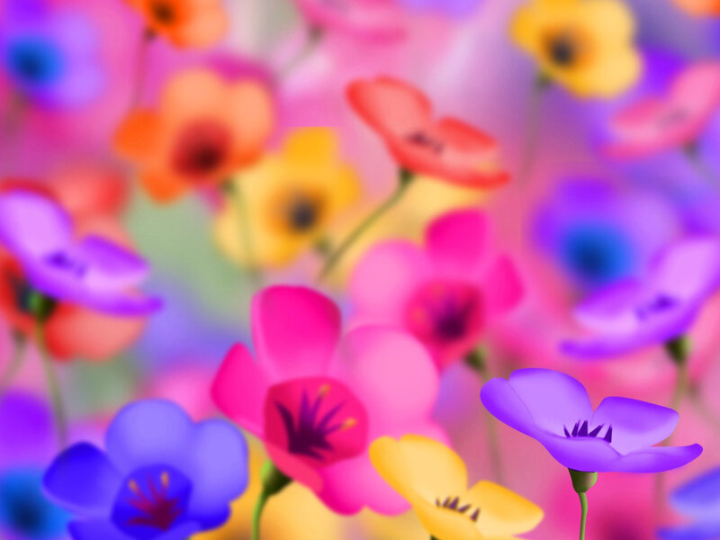 Colorful Flowers in Field — Pink, Vibrant, Digital Art, Stems, Blurred Background