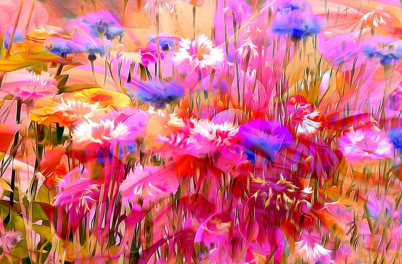 Colorful Flowers in Field — Pink, Vibrant, Digital Art, Stems