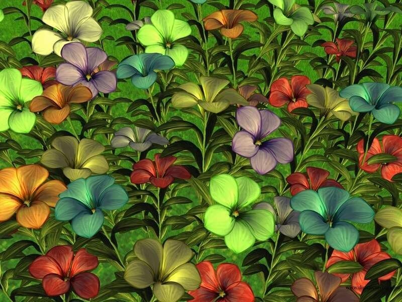 Colorful Flowers in Garden — Green, Vibrant, Digital Art, Leaves