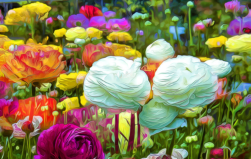 Colorful Flowers in Garden — Green, Vibrant, Digital Art