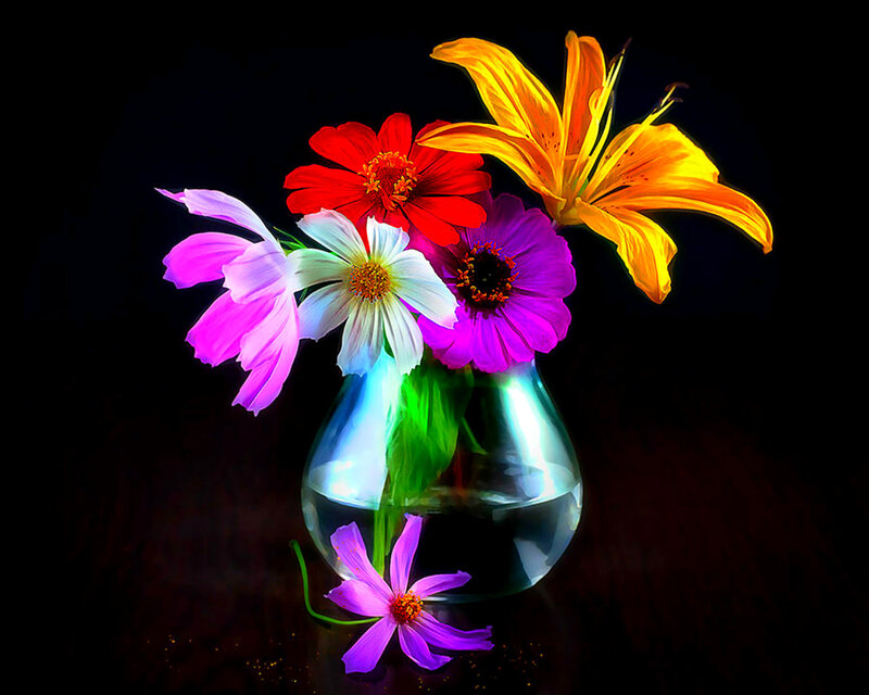 Colorful Flowers in Vase — Purple, Dramatic, Digital Art