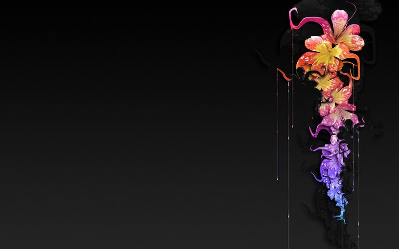 Colorful Flowers on Black — Dramatic, Digital Art, Dripping Paint