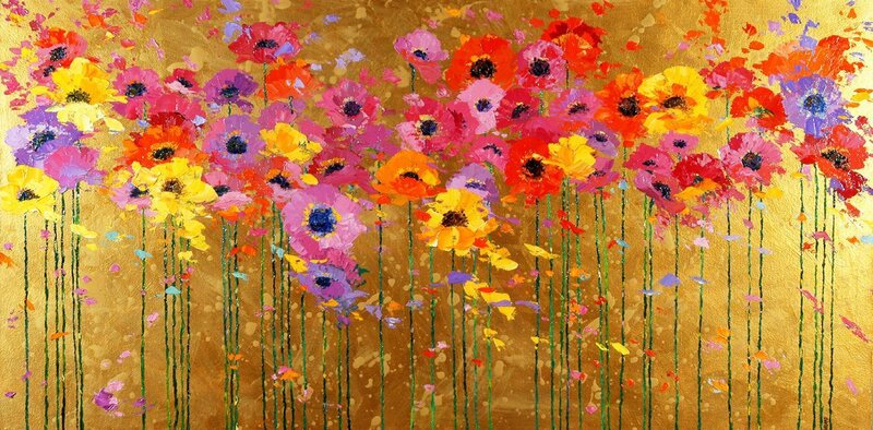 Colorful flowers on gold background