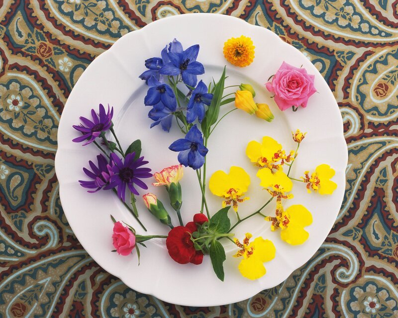 Colorful Flowers on Plate — White