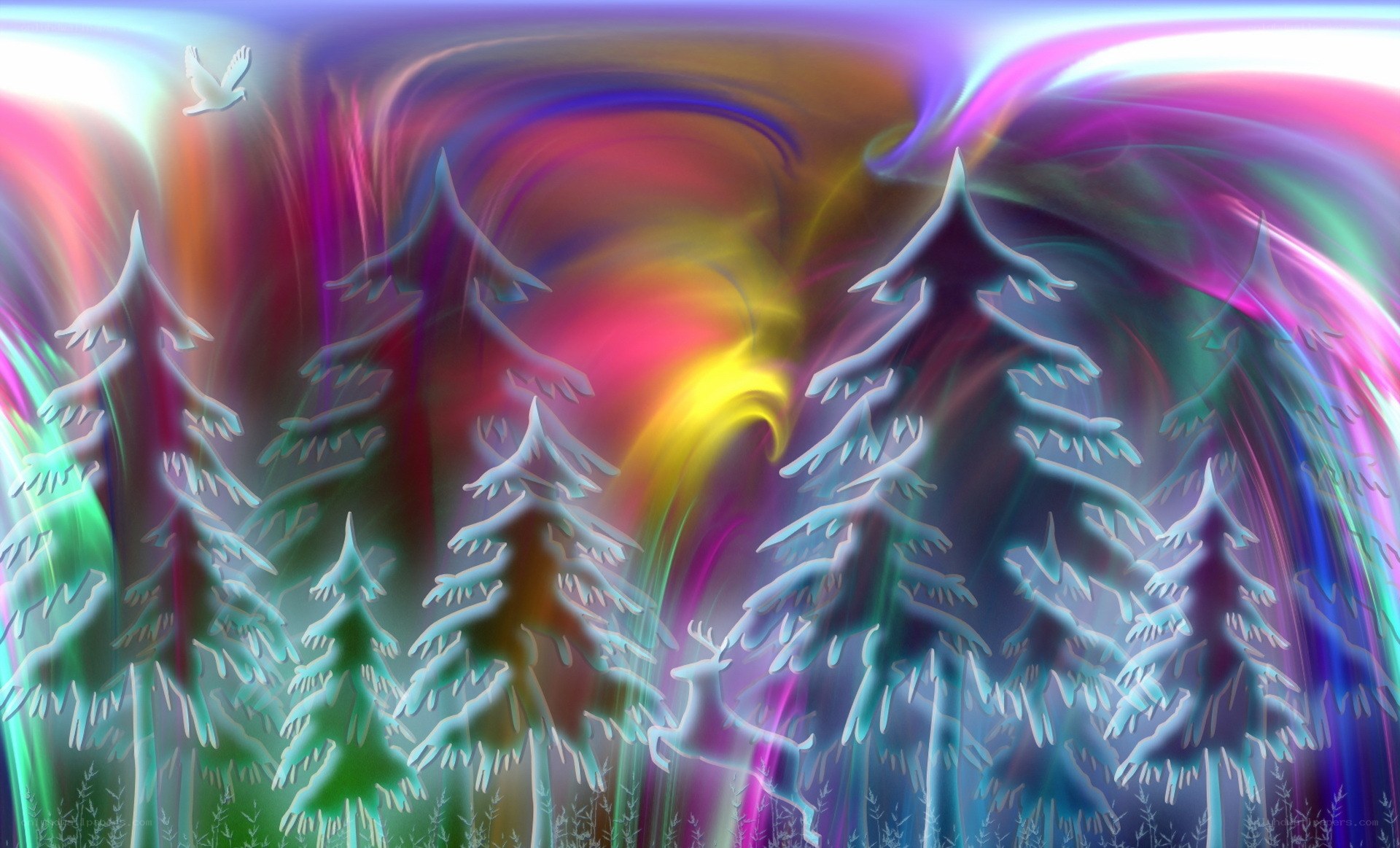 Colorful forest with glowing trees