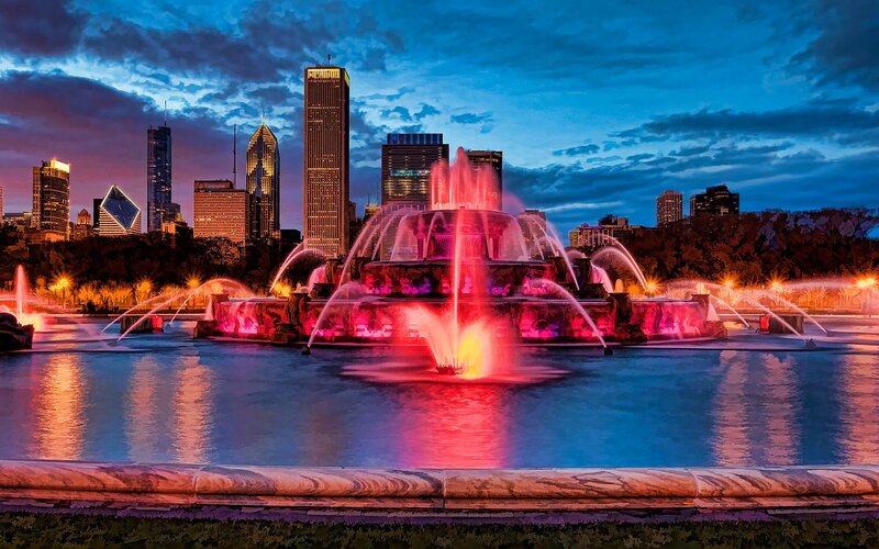 Colorful Fountain at Night — Blue, Dramatic, Photograph, City Skyline