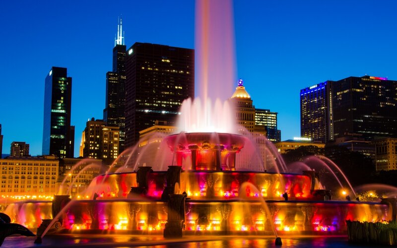 Colorful Fountain at Night — Blue, Dramatic, Photograph