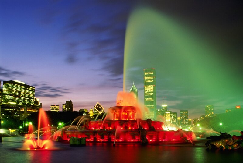 Colorful Fountain at Night — Red, Dramatic