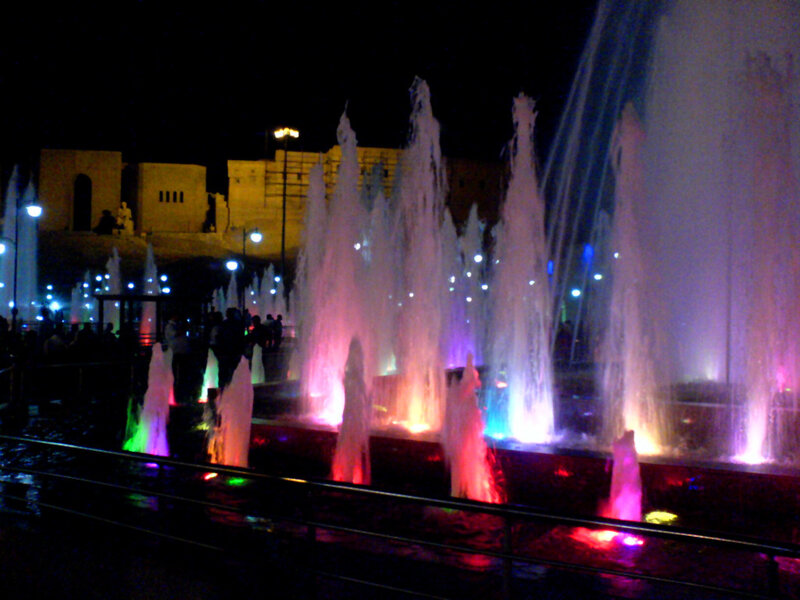 Colorful Fountain Display — Pink, Vibrant