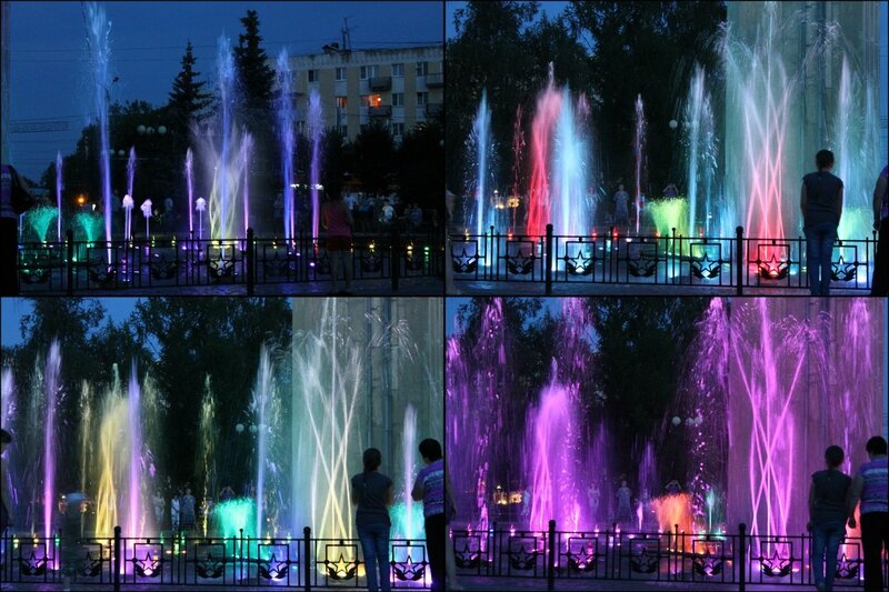 Colorful fountain show at night