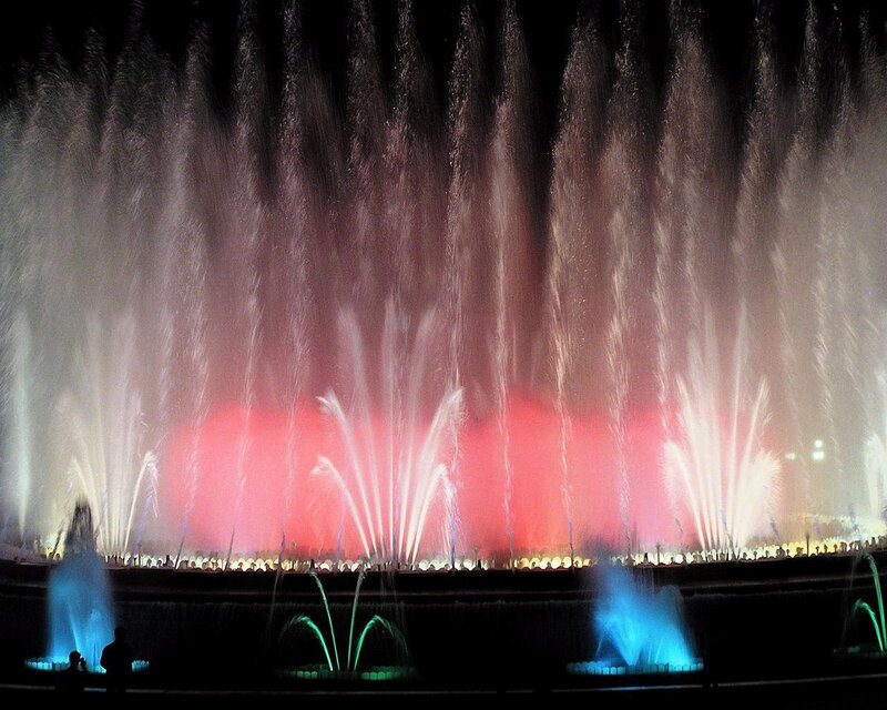 Colorful fountain show at night